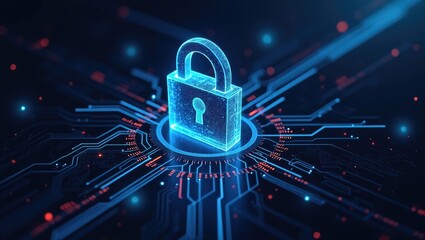 Futuristic conceptual illustration depicting a digital padlock icon hovering over a circuit board, rendered in a neon blue color scheme, symbolizing security and data protection within a network.