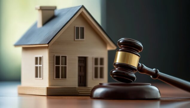 A wooden house model next to a gavel symbolizes real estate law and legal matters concerning property ownership.