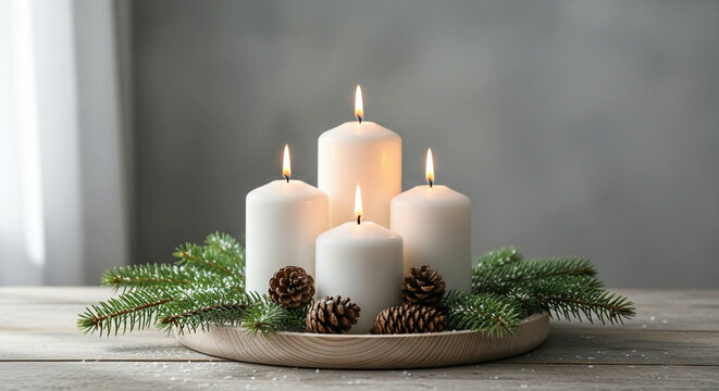 Elegant burning candles with pinecones and evergreen branches evoking holiday warmth and cozy winter evenings, perfect for seasonal greetings and festive home decor