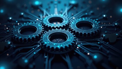 Intricate arrangement showcasing illuminated gears and integrated circuit board components.