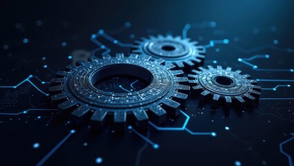 Three interconnected mechanical gears are displayed on a dark surface illuminated by glowing blue circuits, highlighting technological and industrial concepts, while a blurred bokeh effect adds depth.