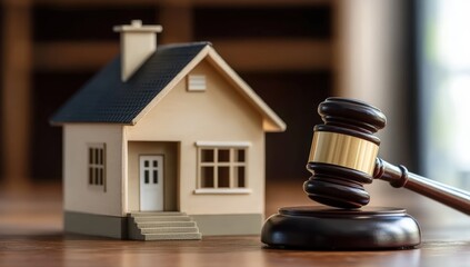 A miniature house model next to a gavel symbolizes real estate law and legal matters related to property ownership and transactions.