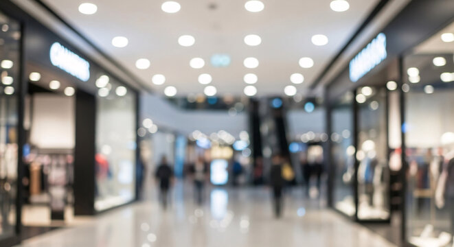 Blurred interior of a modern shopping mall with bright lights bokeh image