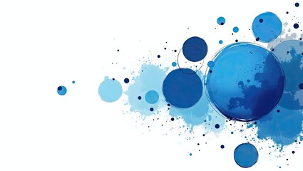 Abstract composition features various blue watercolor circles of different sizes, along with splatter and smudges, creating a modern, elegant aesthetic against a clean white background, evoking a...