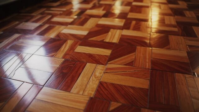 Dynamic light play on geometric wooden parquet flooring