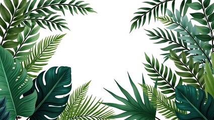 Lush, vibrant green tropical foliage decorates the corners against a stark white backdrop, creating a natural frame.