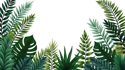 Lush, vibrant green tropical foliage creates a natural, botanical frame against a clean white backdrop, with various leaf types, emphasizing a fresh and healthy aesthetic.