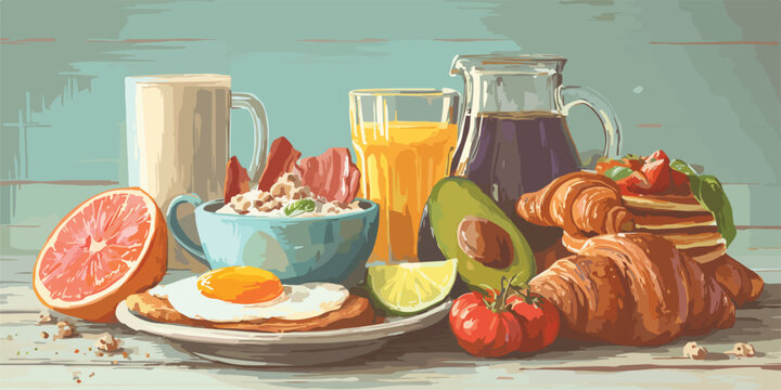 맛있는 아침 식사, 신선한 과일, 계란 프라이, 크루아상, 그래놀라, 주스, 커피가 담긴 벡터 일러스트
