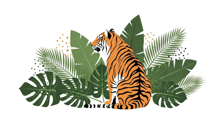 Striking tiger illustration amidst lush tropical foliage perfect for branding and digital design projects that need a touch of wildlife adventure