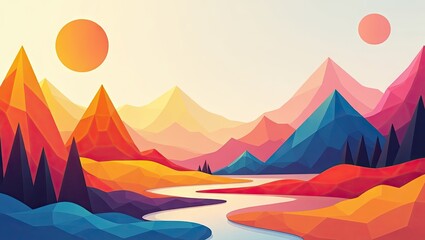 Vibrant abstract landscape depicts a colorful mountain range with geometric shapes, a meandering river, and a bright setting sun alongside another celestial body, creating a serene, artistic, and...
