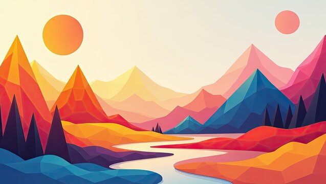 Vibrant abstract landscape depicts a colorful mountain range with geometric shapes, a meandering river, and a bright setting sun alongside another celestial body, creating a serene, artistic, and...
