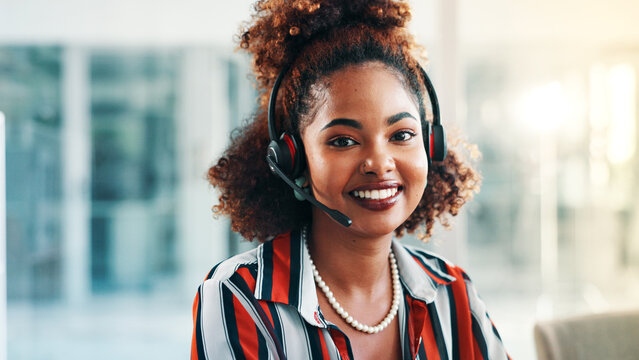 Portrait, agent and happy woman in call center for telemarketing, sales or about us. Telesales, smile or African person with headset for lead generation, outbound communication or operator with pride