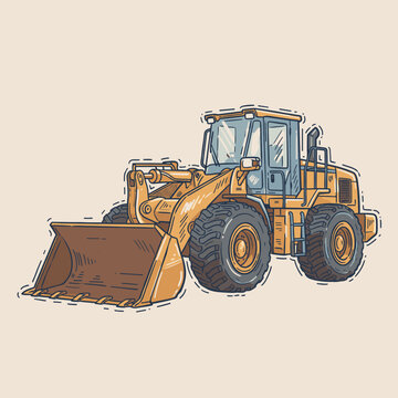 Yellow Wheel Loader Illustration.Retro Construction Vehicle Art.Heavy Equipment Vector Doodle.Front End Loader Artwork.Bulldozer Truck Sketch