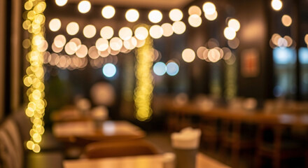Warm yellow string lights create bokeh over blurred restaurant tables at night yellow lights