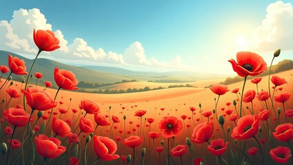Vibrant field of red poppies bathed in warm sunlight under a clear blue sky, displaying a picturesque landscape with rolling hills in the distance, creating a scene of tranquility and natural beauty.