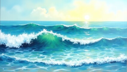 Magnificent turquoise ocean waves curl, crashing with white foam under a radiant, setting sun in a picturesque seascape.