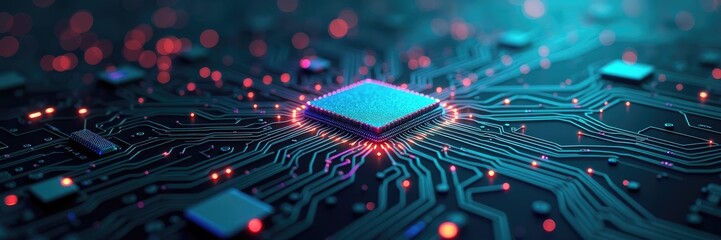 Intricate  of a computer circuit board showcasing a central processing unit illuminated by glowing red and blue lights against a dark background, illustrating a concept of technological advancement...
