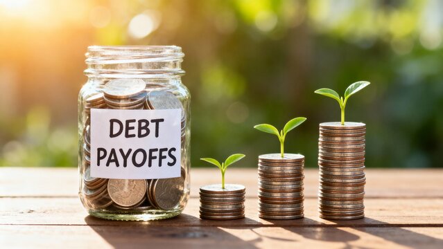 Glass jar labeled debt payoffs filled with coins beside stacked piles with green seedlings symbolizing financial growth and renewal