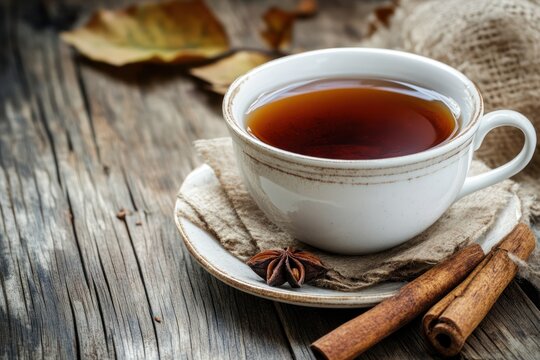 A steaming cup of tea on a rustic wooden table, surrounded by autumn leaves and a cinnamon stick, with a serene backdrop of a misty mountain range and a clear blue sky.