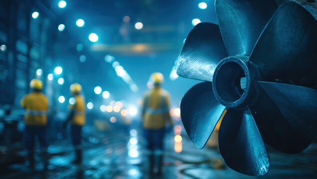 A large ship propeller dominates the foreground, casting a shadow over a group of workers in yellow safety gear in a dimly lit industrial setting, suggesting ongoing construction or maintenance.