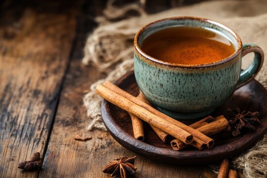 A steaming cup of tea on a wooden table, surrounded by cinnamon sticks, star anise, and cloves, with a warm, cozy atmosphere.