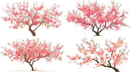 Fototapeta premium Beautiful illustration of blooming peach trees with pink blossoms and delicate branches. Ideal for spring themes, botanical art, gardening designs, and seasonal nature visuals.