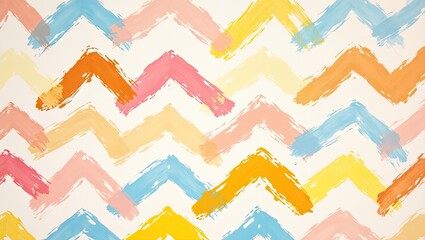 Colorful, zig-zag brushstroke pattern design dominates the composition, showcasing a vibrant array of hues with light backgrounds.