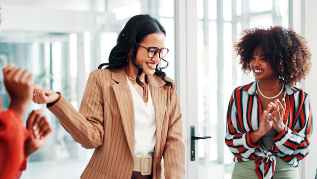 Happy, women or applause in office with success for fashion designer award, goal or achievement. People, clapping or celebration in workplace for clothing collection sale, accomplishment or milestone