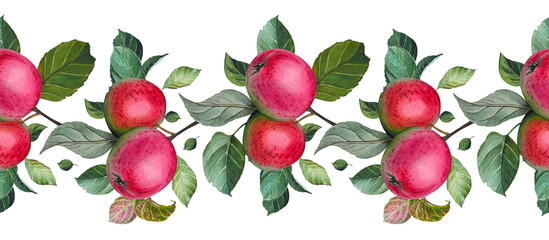 Seamless border with ripe red apples and leaves. Watercolor illustration.
