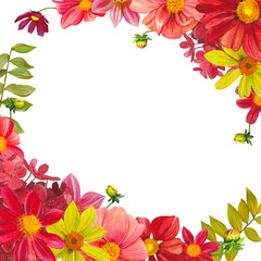 Floral  frame with bright dahlias and leaves. Hand drawn watercolor illustration.