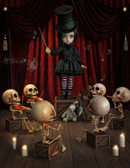 dark fantasy doll and skelletons gothic scene