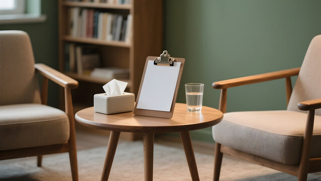 Clipboard with blank paper sits on table in consultation room for mental health support
