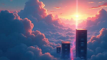 Dramatic scenery showcasing server racks rising above fluffy clouds bathed in a golden sunset, with vibrant pink and blue hues creating a serene yet futuristic atmosphere.
