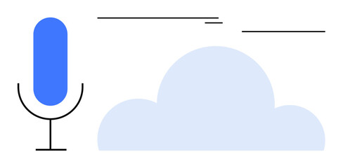 Blue microphone and a soft blue cloud with abstract lines imply voice recording, cloud storage, streaming. Ideal for audio technology, AI, communication, podcasting, cloud computing, and teamwork