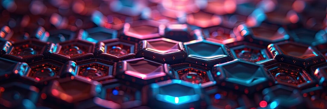 Intricate depicts a futuristic honeycomb structure comprised of hexagonal cells with a luminous and vibrant color palette of red, blue, and purple tones, emphasizing the technological and abstract... - Powered by Adobe