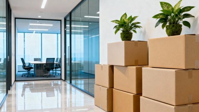Stacks of cardboard moving boxes with green plants in modern office hallway symbolizing relocation and transition in corporate environment