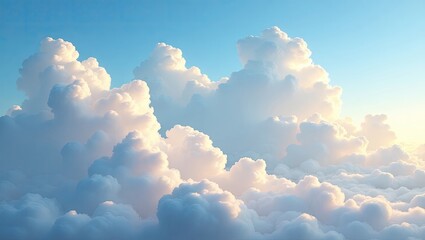 Majestic cumulus clouds dominate the frame, their fluffy forms bathed in warm sunlight against a vibrant blue sky, creating a calming and dreamy atmosphere within the composition.