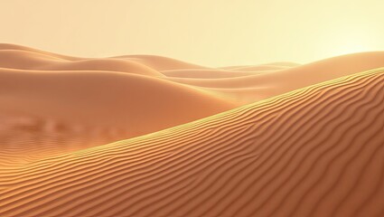 Calm and serene landscape scene portrays rolling desert sand dunes. Warm, golden sunlight illuminates the textured patterns and ripples across the vast arid expanse.