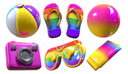 Colorful Summer Beach Collection with Ball, Flip Flops, Sunglasses, and Camera