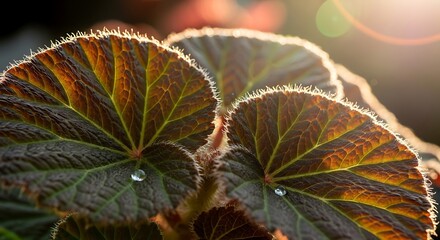 Obraz premium Leaves with Water Droplets and Sunlight