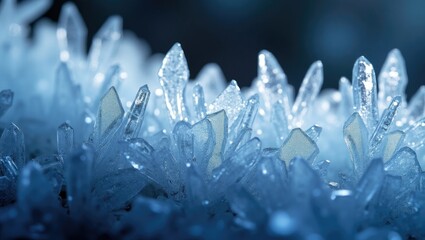 image showcases a cluster of translucent crystals, bathed in cool, blue light, creating a mesmerizing and ethereal display with sharp, pointed formations and a slightly blurred background,...