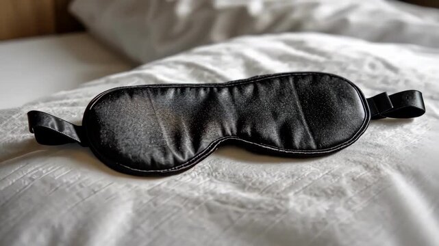 Black satin sleep mask on a white textured bedspread, ready for a restful night.