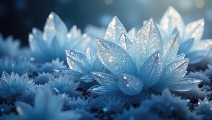 Delicate ice crystals resembling stylized flowers bloom across a frosted landscape, illuminated by soft, ethereal light.