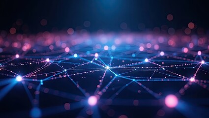 Illuminated network of connections showcasing a digital network or data flow with interconnected nodes, lines, and glowing orbs, evoking a futuristic or technological concept against a dark...