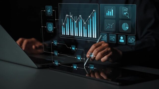 Data flow from database and cloud to processing and analytics dashboards, representing data analysis, automation, insight generation, and digital intelligence Marrow