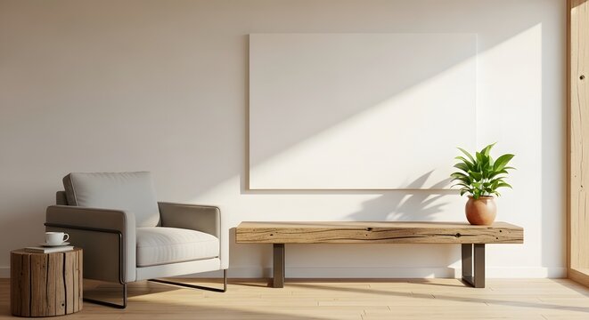 Modern interior with white wall bench armchair and potted plant