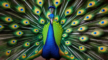 A vibrant peacock majestically displays its plumage in a stunning show of color and intricate