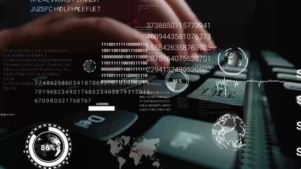 Time lapse of man working on laptop computer keyboard with graphic user interface GUI hologram showing big data science technology, digital network connection and computer programming algorithm. Glean - Powered by Adobe