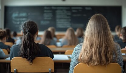A classroom scene showing students from behind, focusing on their hairstyles and a chalkboard filled with notes in the background.