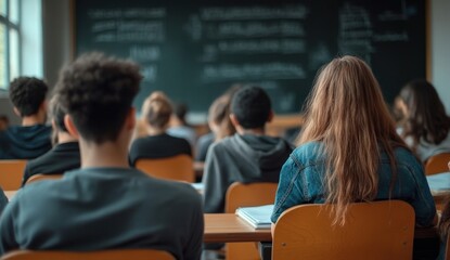 A classroom scene showing students attentively listening, with a chalkboard filled with notes in the background.